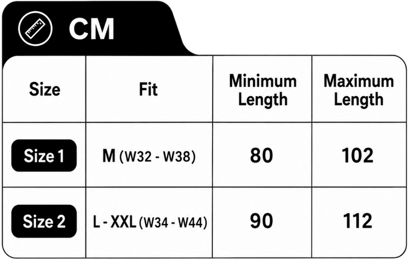 T-Rex Game Belt Metric Size Chart