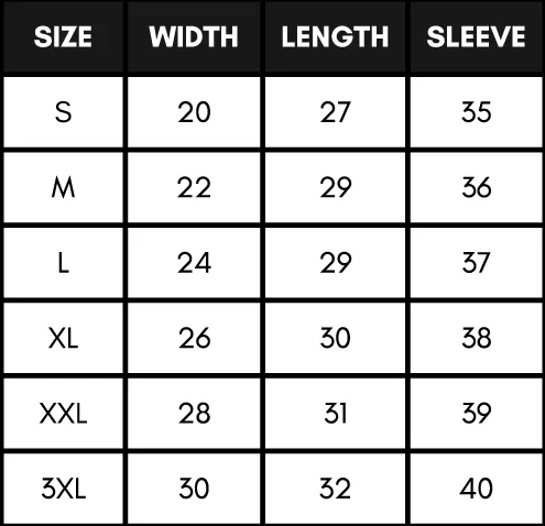 Bliss Sweater Metric Size Chart