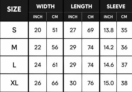 Bliss Zip-up Metric Size Chart